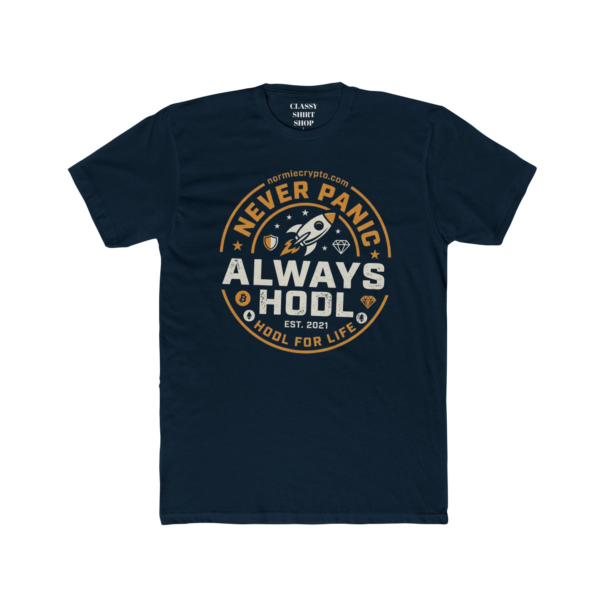 Never Panic Always HODL T-Shirt — Crypto Rocket Crew Tee - Image 7