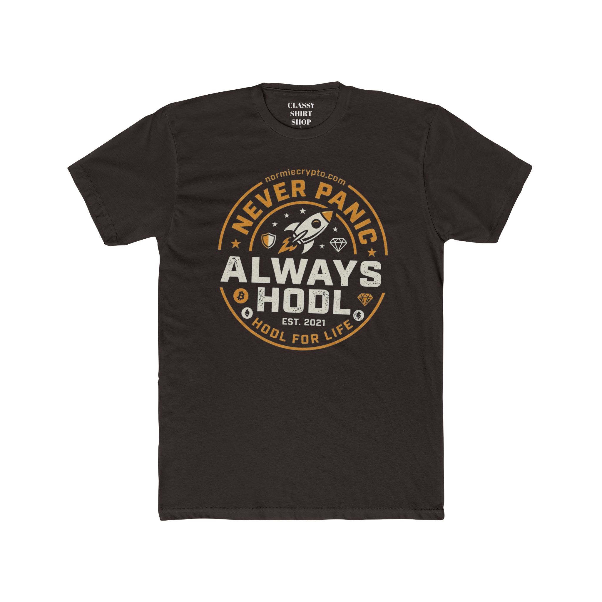 Never Panic Always HODL T-Shirt — Crypto Rocket Crew Tee