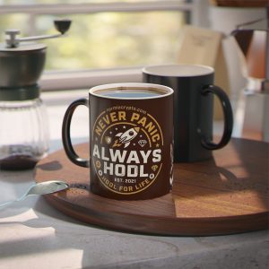 Magic Mug — 'Never Panic, Always Cool' Space Cat Heat-Change Coffee Mug