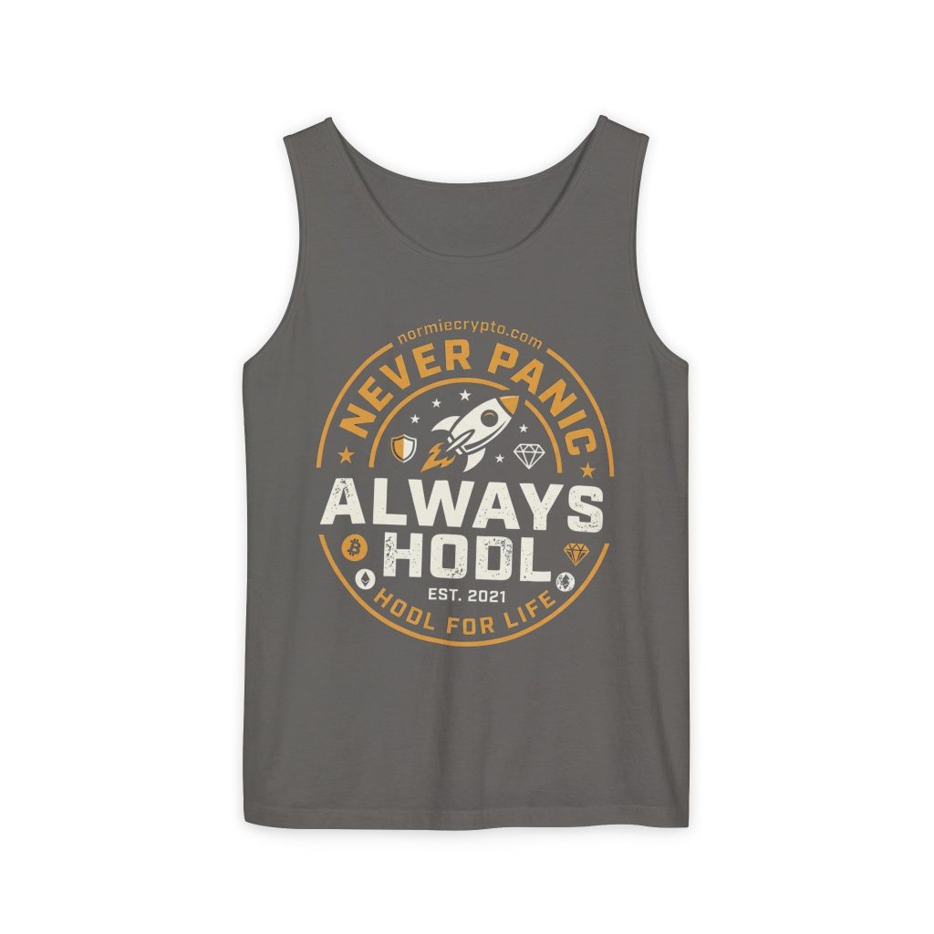 Always HODL Tank Top – "Never Panic" Crypto Rocket Graphic Tank