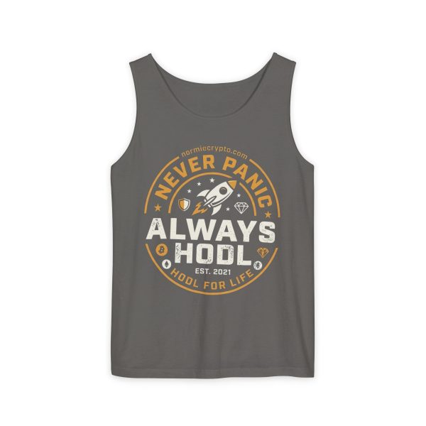 Always HODL Tank Top – "Never Panic" Crypto Rocket Graphic Tank