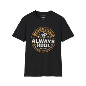 HODL Rocket T-Shirt — "Never Panic, Always HODL" Crypto Graphic Tee